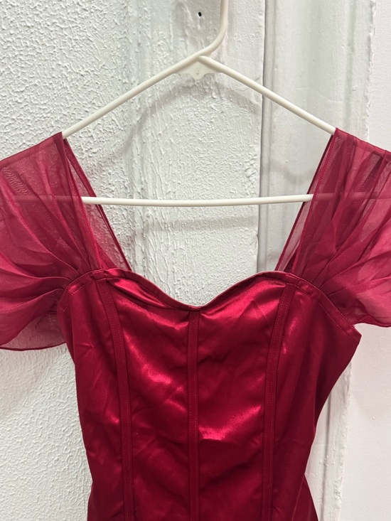 SHEIN Tops - SHEIN Crimson Satin Mesh Puff-Sleeve Bodysuit